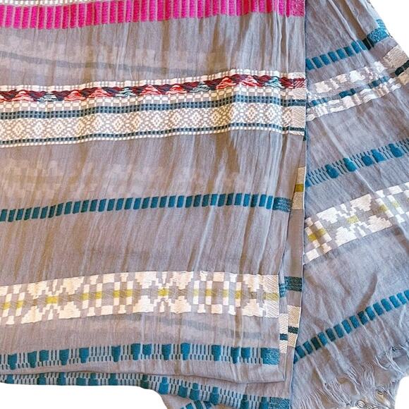 Rectangle Scarf Boho Embroidered Lightweight Gauze Gray Multicolor Trims Raw Hem - Picture 5 of 7